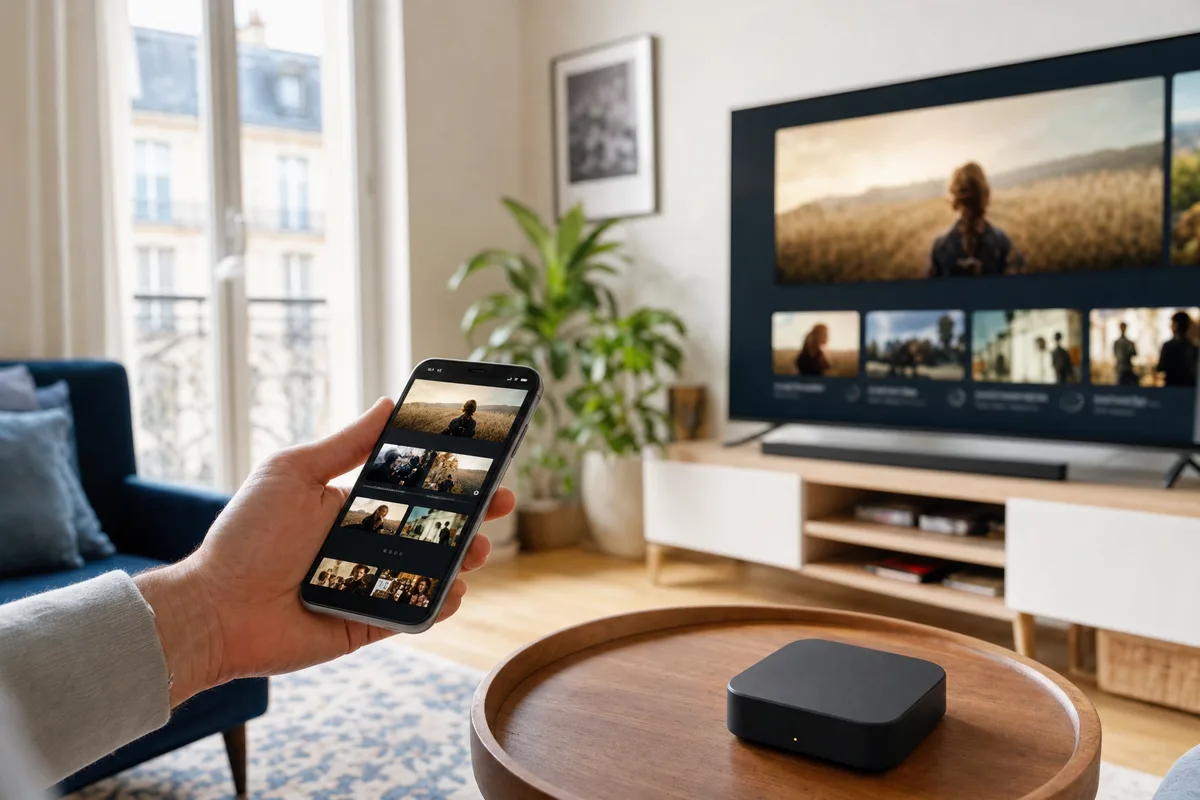 Un boîtier de streaming et un smartphone affichant la même interface TV à côté d’un grand téléviseur dans un salon clair